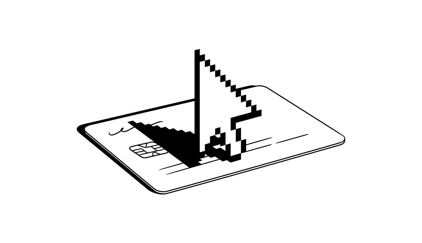 Illustration of a pixelated cursor standing upright on top of a bank card